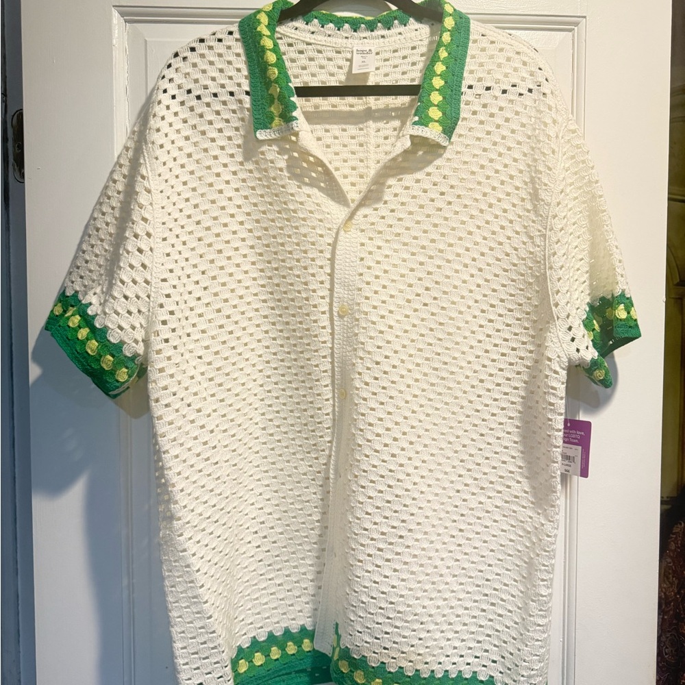 Chic White and Green Button Down Sweater